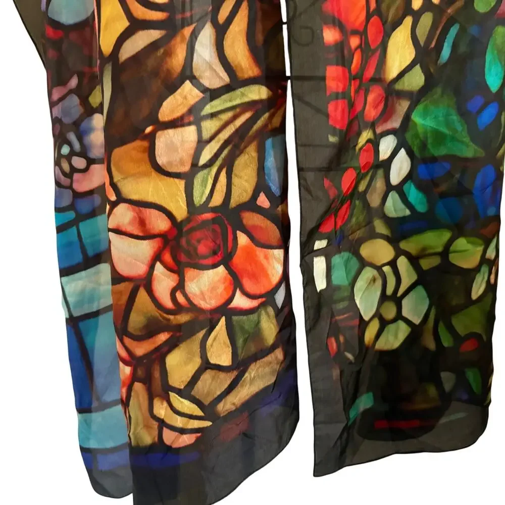 Vintage Signals 100% Silk Stained Glass Multicolor Art Print Scarf Wrap 42 x 76